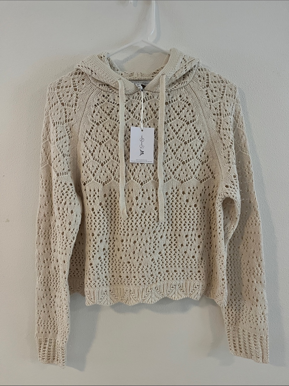Jessica Simpson Crochet Hooded Pullover - Cream